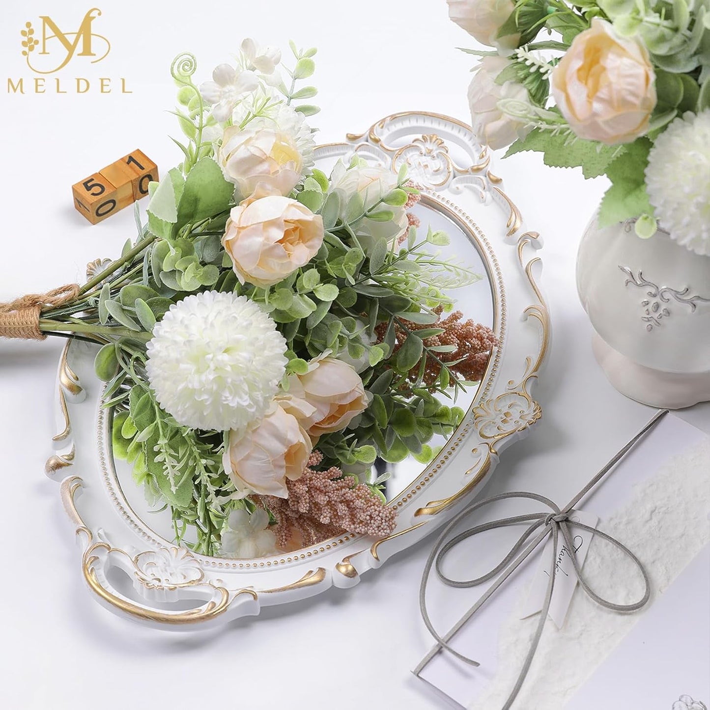 Meldel 3Pcs Rose Bouquet Light Champagne Artificial Flowers Peony Eucalyptus Plants Silk Flower Arrangements Wedding Bouquets Decorations Plastic Floral Centerpieces for Home Kitchen Party Decor