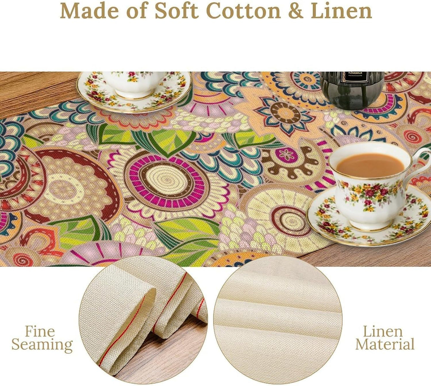 Boho Floral Table Runner,Retro Bohemian Flower Table Runner for Kitchen Dining Table Home Party Decoration 13x60 Inch