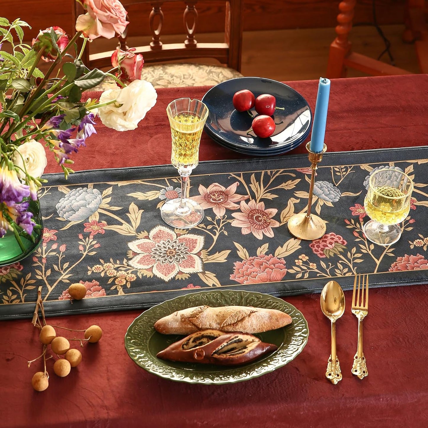 patdrea Designer Vintage Black Floral Velvet Table Runner 71 Inch Long, Pink Khaki Bouquets Pattern Table Mat, Decoration for Kitchen Dining Coffee Table Cabinet Banquet Thanksgiving,12"*71"