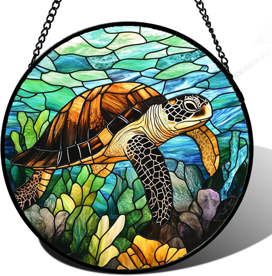 Stained Glass Window Hanging - Cute Sea Turtle Suncatcher for Door Garden Yard Blue Ocean Sun Catchers Decor Christmas Mother's Day Birthday Children's Gifts for Women Mom Nana Friend 9.8 in