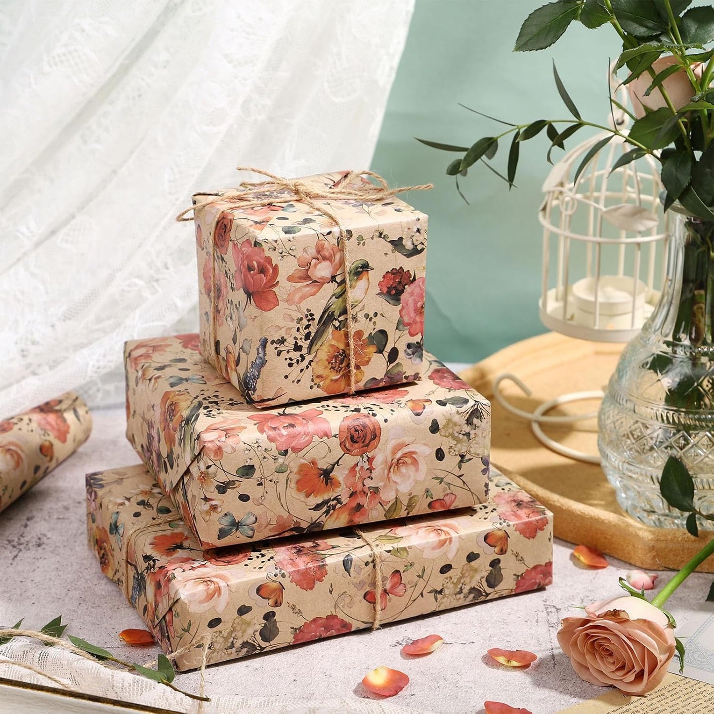 RUSPEPA Blooming Flower Wrapping Paper with Bird and Butterfly Design, 17 in x 32.8 ft Each Roll, Mini Roll Kraft Floral Wrapping Paper for Girls, Women, Spring and Birthday