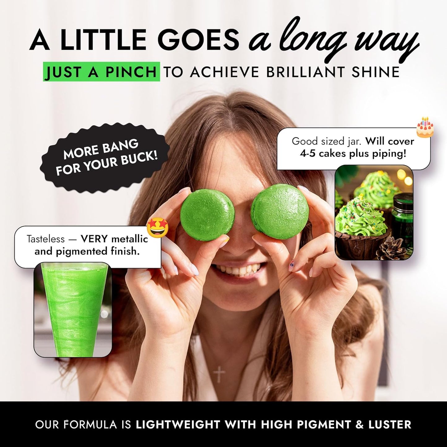 MONÉGASQUE Green Edible Glitter for Drinks 7g – Edible Glitter for Cakes & Cocktails – Green Luster Dust for Drinks – Halloween Drink & Cake Decorations Dust Powder Spray – Cocktail & Drink Shimmer