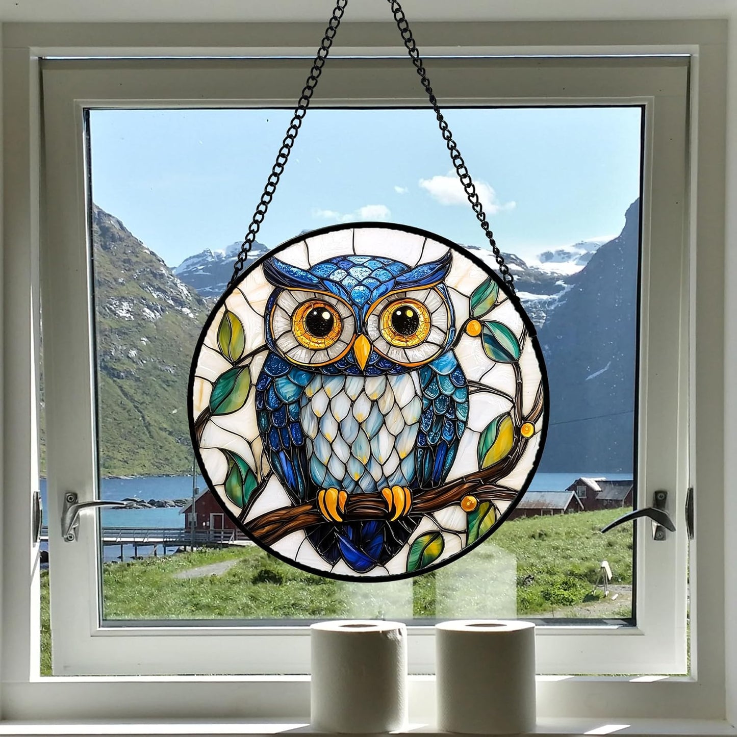 Stained Glass Window Hanging, Owl Gifts for Women Sun Catchers Diamond Glass Panel Hangings Birds Suncatcher Decor for Birthday for Women, Men, Wife, Aunt, and Mom 11.8x11.8 in