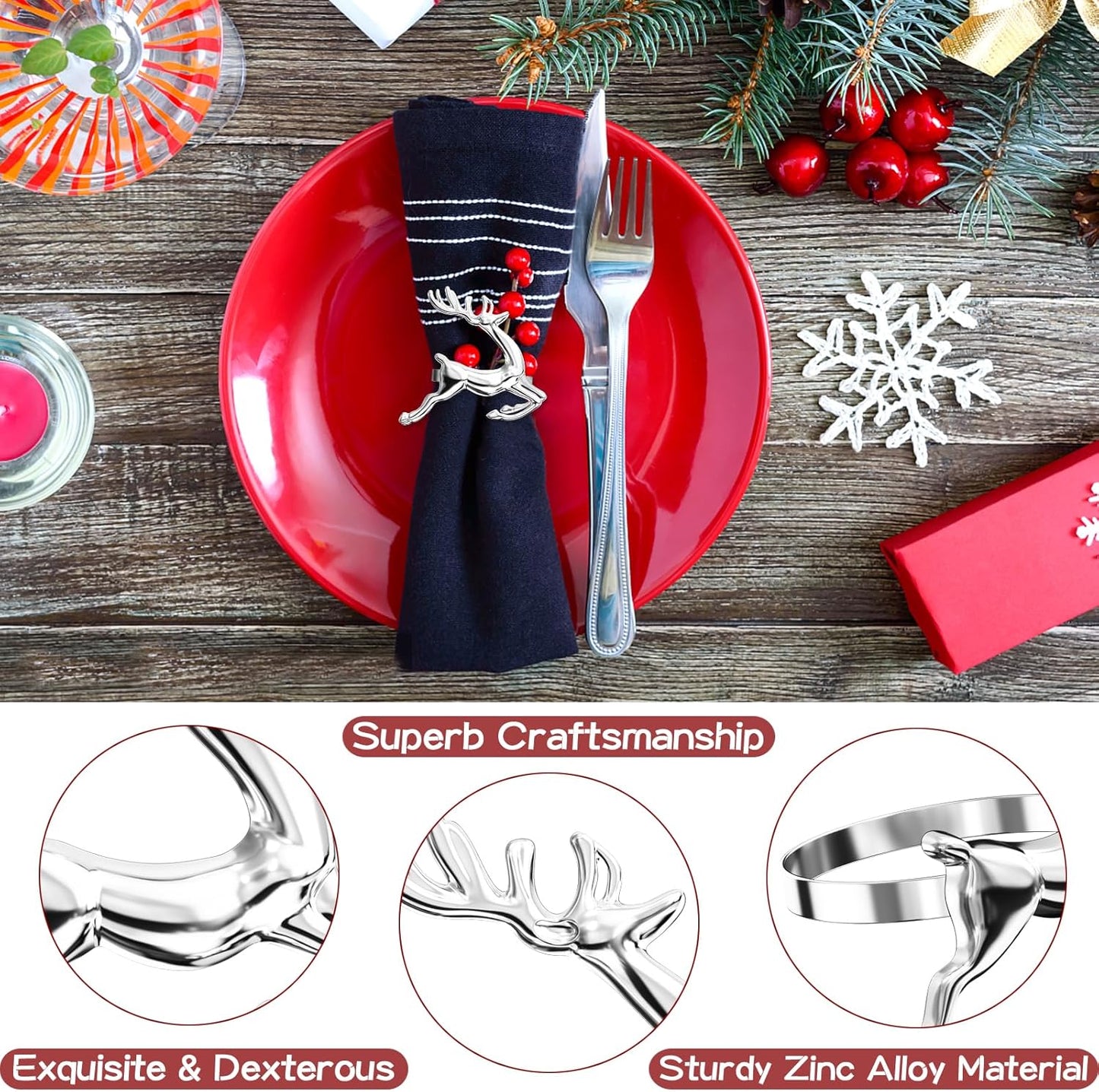 ZeeDix Silver Reindeer Christmas Napkin Rings Set of 8, Napkin Holder Ring for Christmas Dinner Table Decor Cloth Napkins, Wedding Receptions, Holiday Party, Banquet and Home Kitchen