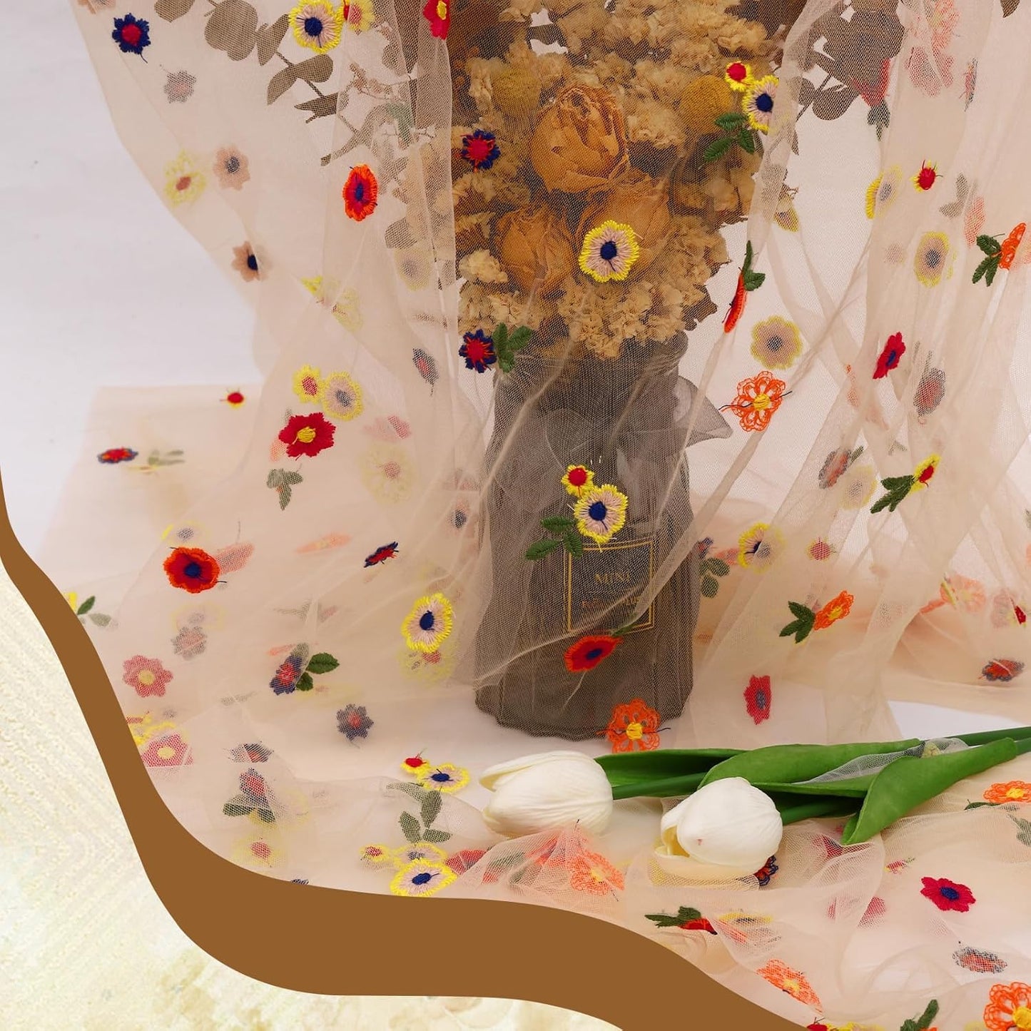 3PCS Champagne Floral Table Runner 10 FT, Embroidery Daisy Table Runners Seasonal Sheer Tulle Table Runner for Thanksgiving Wedding Birthday Baby Shower Party ﻿