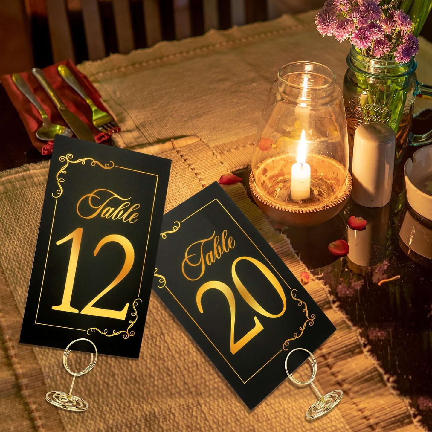 Wedding Table Numbers 1-30 with Head Table Card, Black & Gold Cards and Holders, 1 Set of 31 for Wedding Reception
