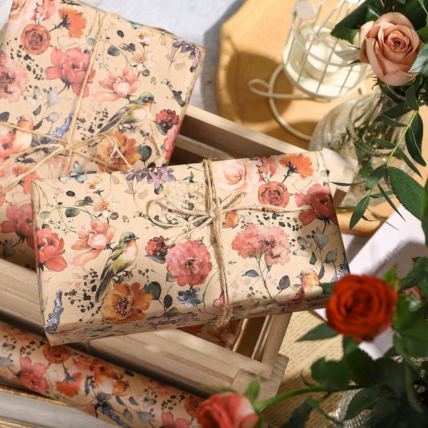 RUSPEPA Blooming Flower Wrapping Paper with Bird and Butterfly Design, 17 in x 32.8 ft Each Roll, Mini Roll Kraft Floral Wrapping Paper for Girls, Women, Spring and Birthday