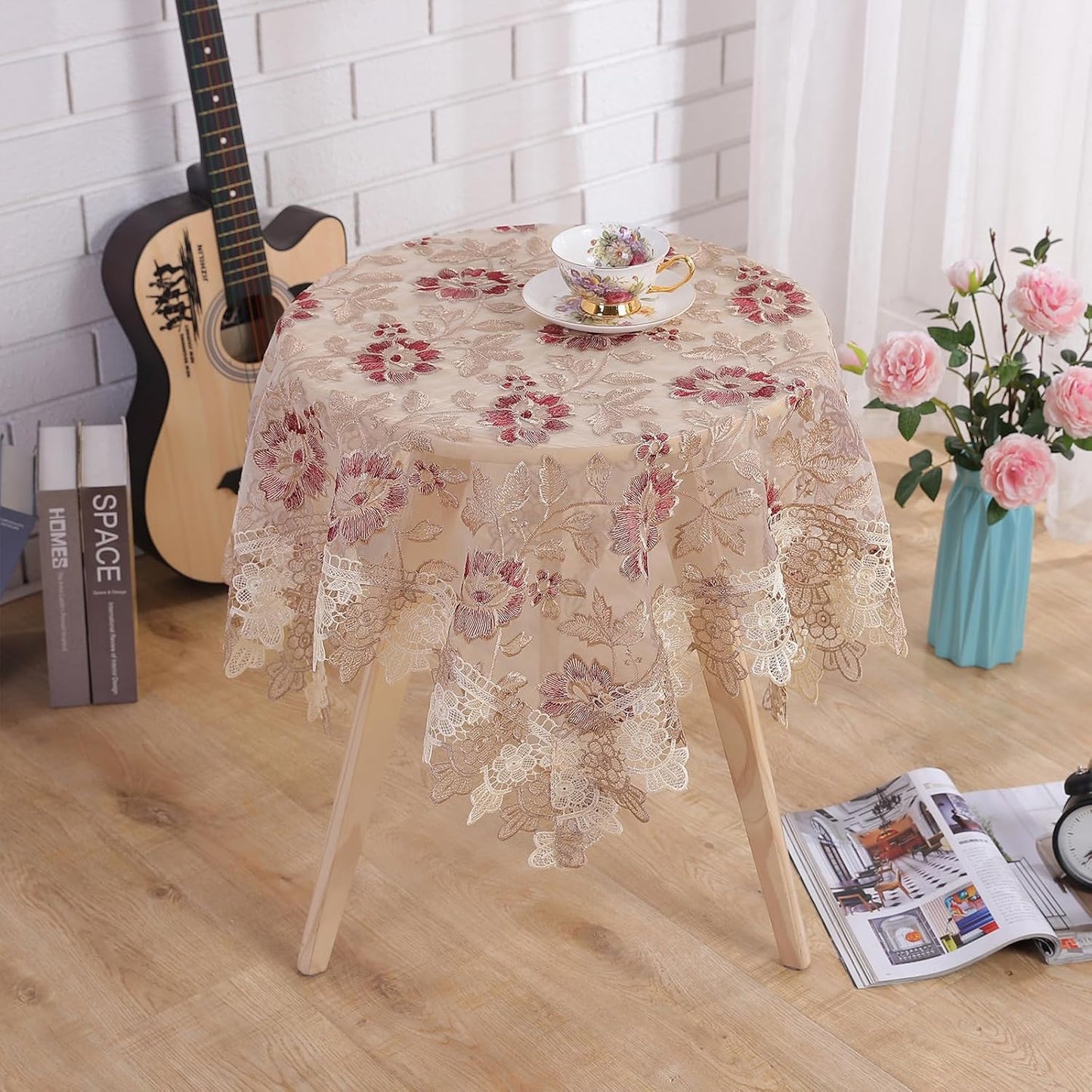 Round Embroidered Lace Tablecloth Vintage Decorative Exquisite Border Table Cover for Party Wedding Home Decorations, Round-60, Red