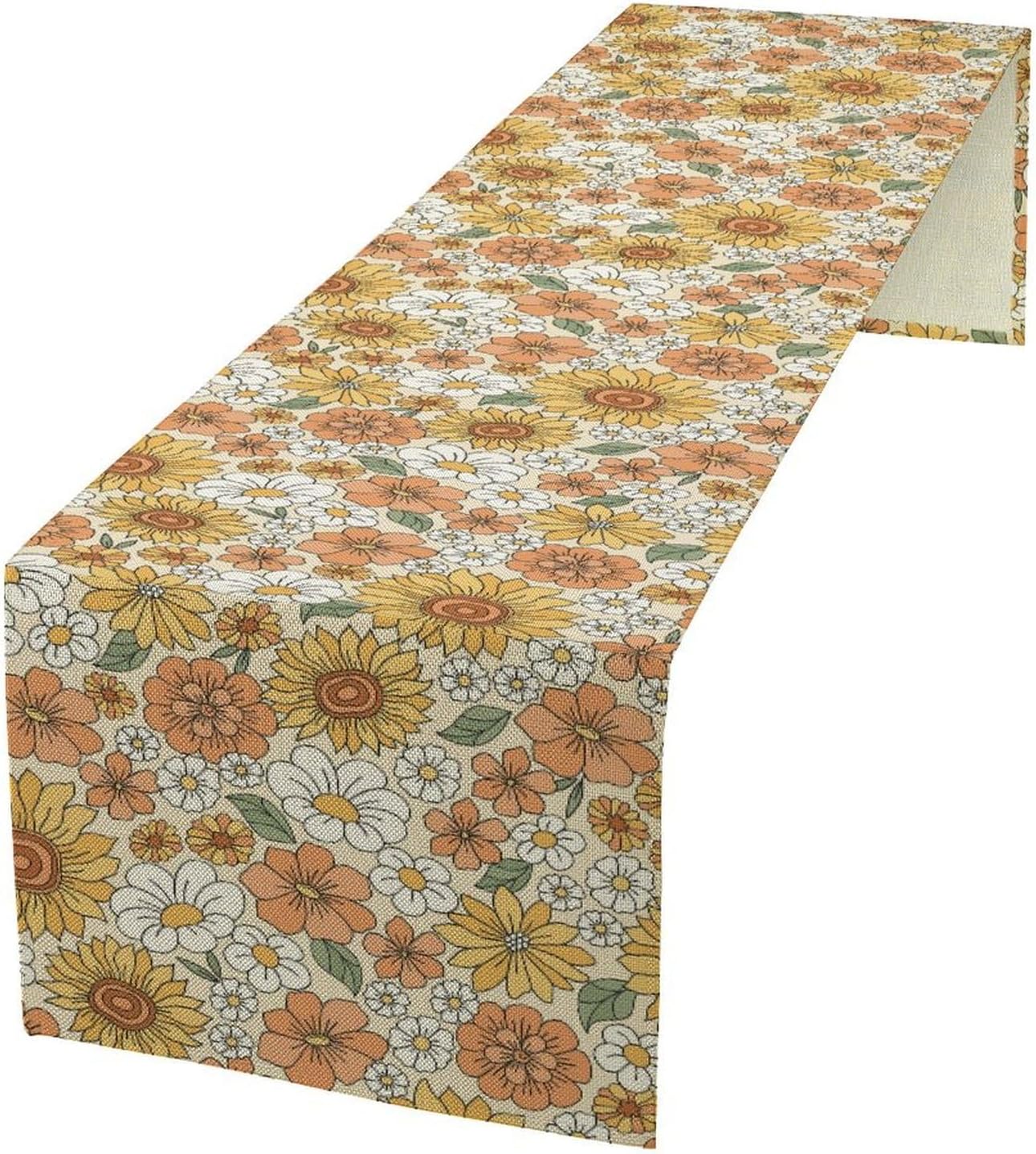 Vintage Floral Table Runner,Boho 70s Style Retro Daisies Flower Table Runner for Kitchen Dining Table Home Party Decoration 13x90 Inch