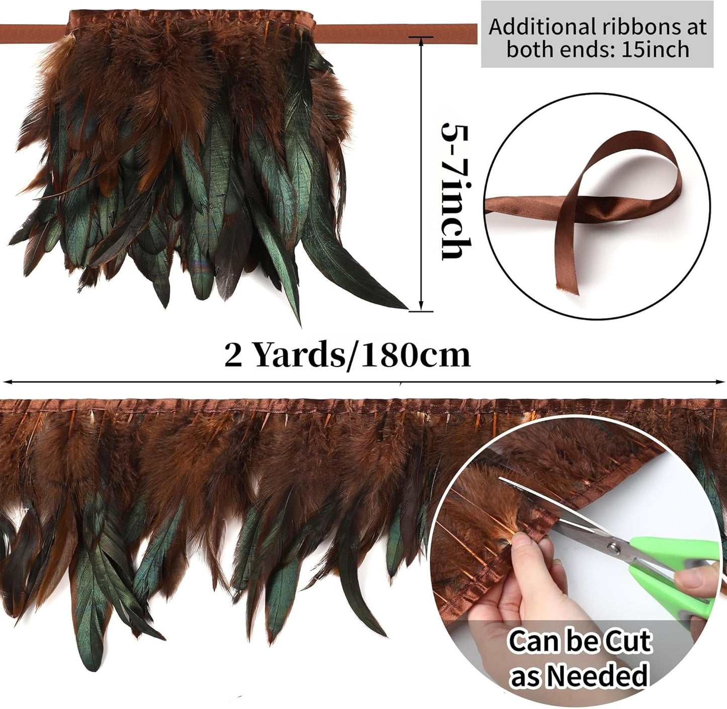 Holmgren 5-7inch Rooster Feathers Trim - 2 Yards Coffee Rooster Feather Fringe Trim for Feather Shawl Cape, Skirt, Earrings, Gloves and Weeding Party Decoration (Coffee)