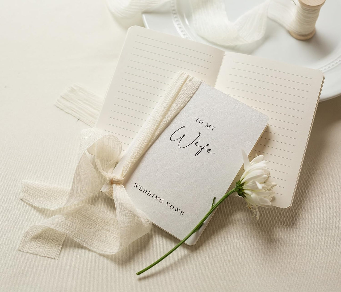 Modern Album Designs White Vow Books with Ribbons (Set of 2) - 5.625 x 4 Minimalist Pocket Sized Wedding Ceremony Vow Renewal Speech Notebook Journal, Gift for Bride & Groom To Be, 48 Lined Pages