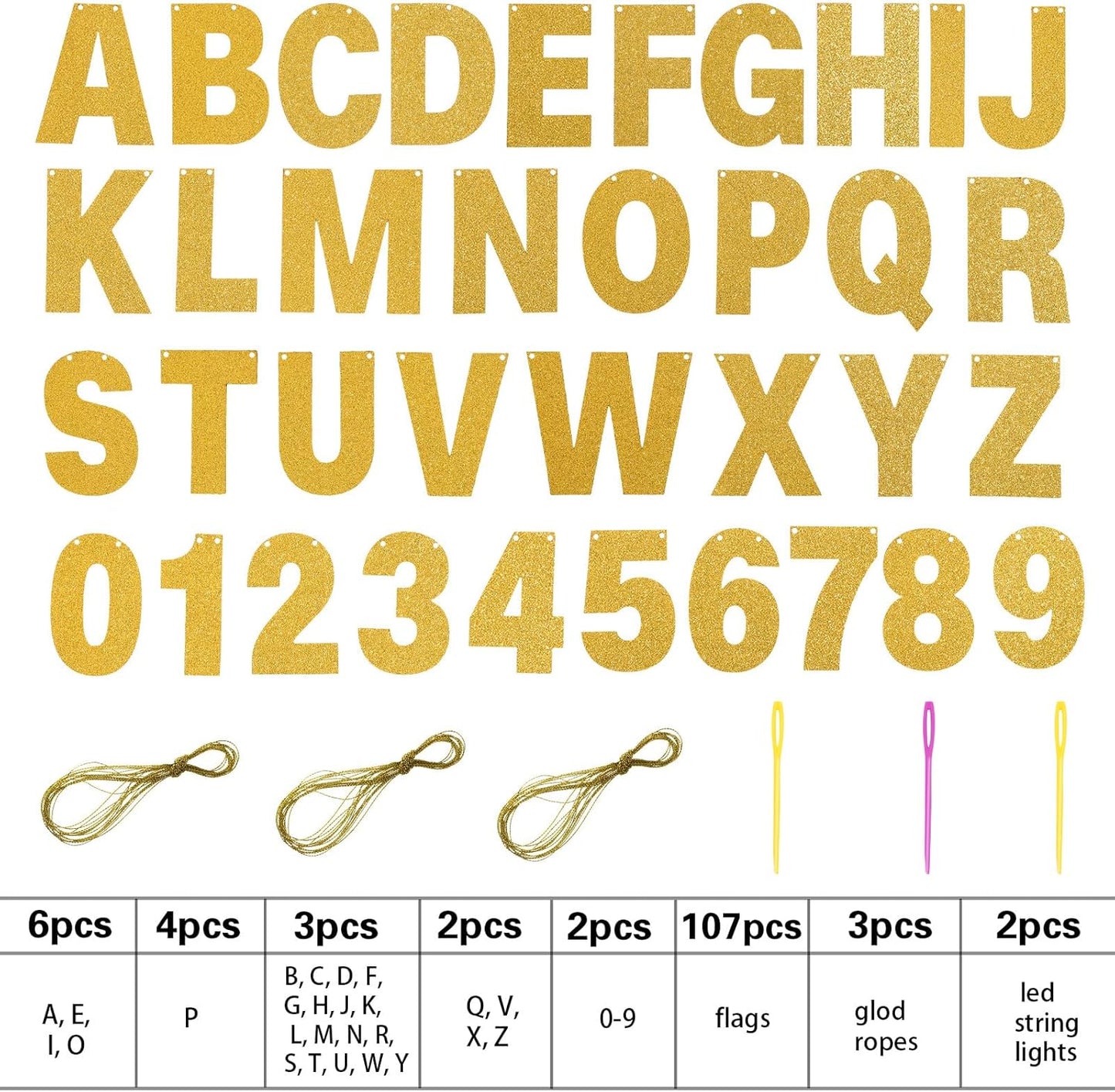 TaoBary 112 Pcs DIY Letter Custom Banner Glitter Customizable Banner Kit Including 107 Letters and Numbers 3 Rope for Valentine Birthday Party(Gold)