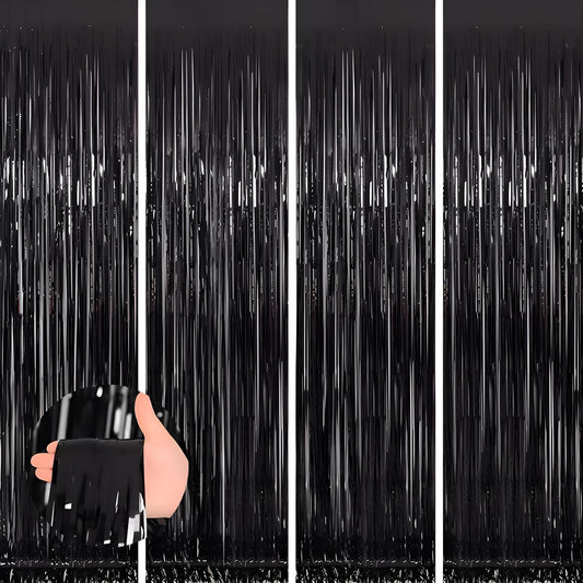 Keyali 4 Pack 3.3 * 8.3 ft Foil Curtain Metallic Tinsel Fringe Curtains Photo Booth Props Backdrop for Birthday Wedding Engagement Baby Shower Christmas Holiday Celebration Partyl,Black