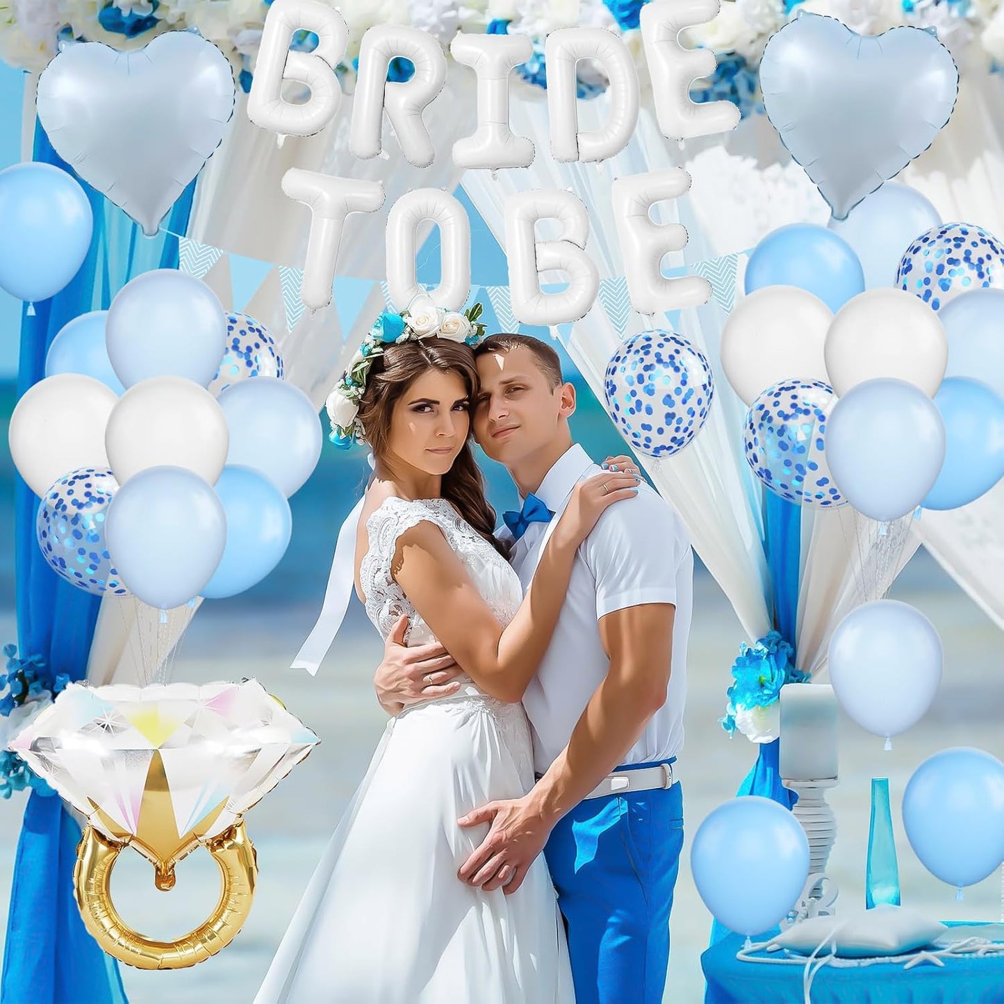 Blue White Bachelorette Party Decorations, White Bride To Be Bridal Shower Balloons Decorations, Blue Confetti Balloons with Diamond Ring Baby Blue Heart Balloon for Bachelorette Engagement Wedding