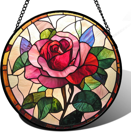 Stained Glass Window Hanging - Pink Rose Suncatcher for Door Garden Home Decor Birth Flower Sun Catcher Christmas Birthday for Friend Lovers Women Mom Nana 15 in