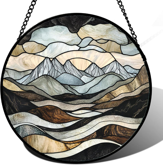 Stained Glass Window Hanging - Grey Mountains Landscape Suncatcher for Doors Garden Patio Retro Sun Catchers Decor Christmas Mother's Day Birthday Gifts for Women Men Mom Nana Friend 9.8 in