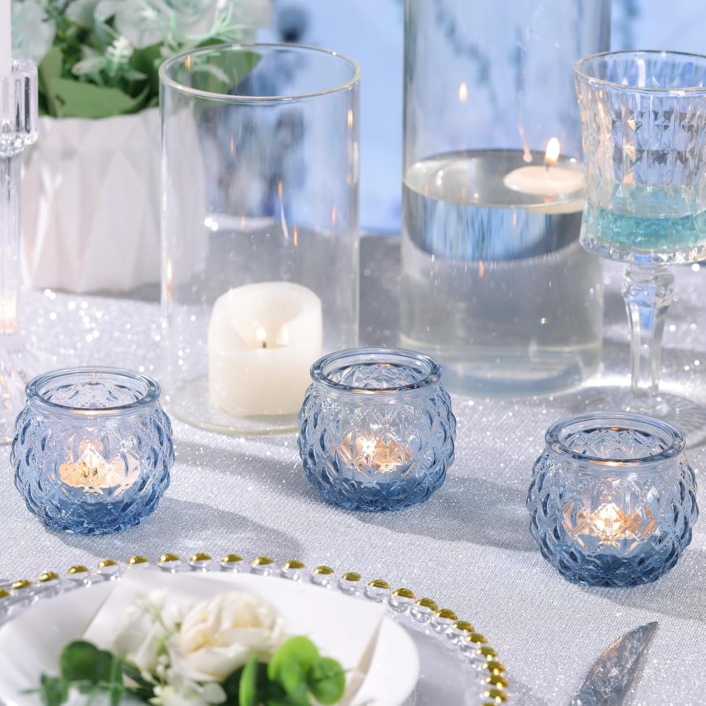 DARJEN 12Pcs Blue Votive Candle Holders - Round Glass Candle Holders Bulk for Tea Light Candle, Diamond Texture Candle Votives for Wedding Centerpiece, Party & Home Decor
