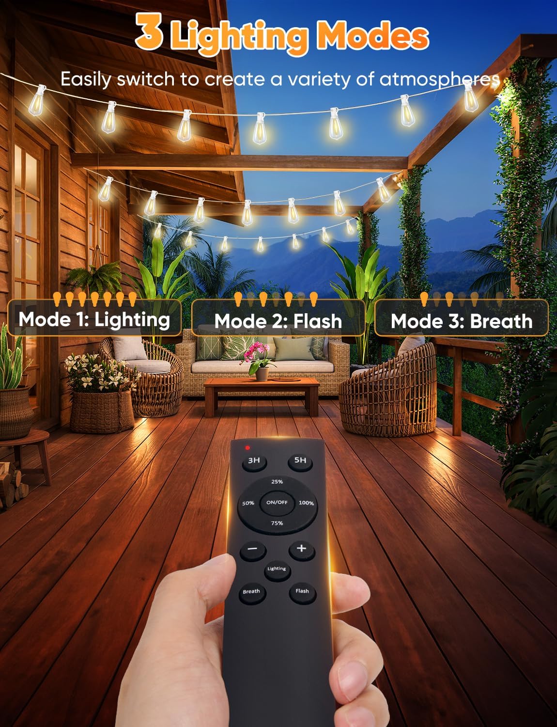 Brightever 100FT Outdoor String Lights with Remote, Dimmable LED Patio Lights with 32 ST38 Shatterproof Vintage Bulbs, 2700K Warm White 3 Modes 2 Timer Outside Light for Yard, Deck, Cafe, White