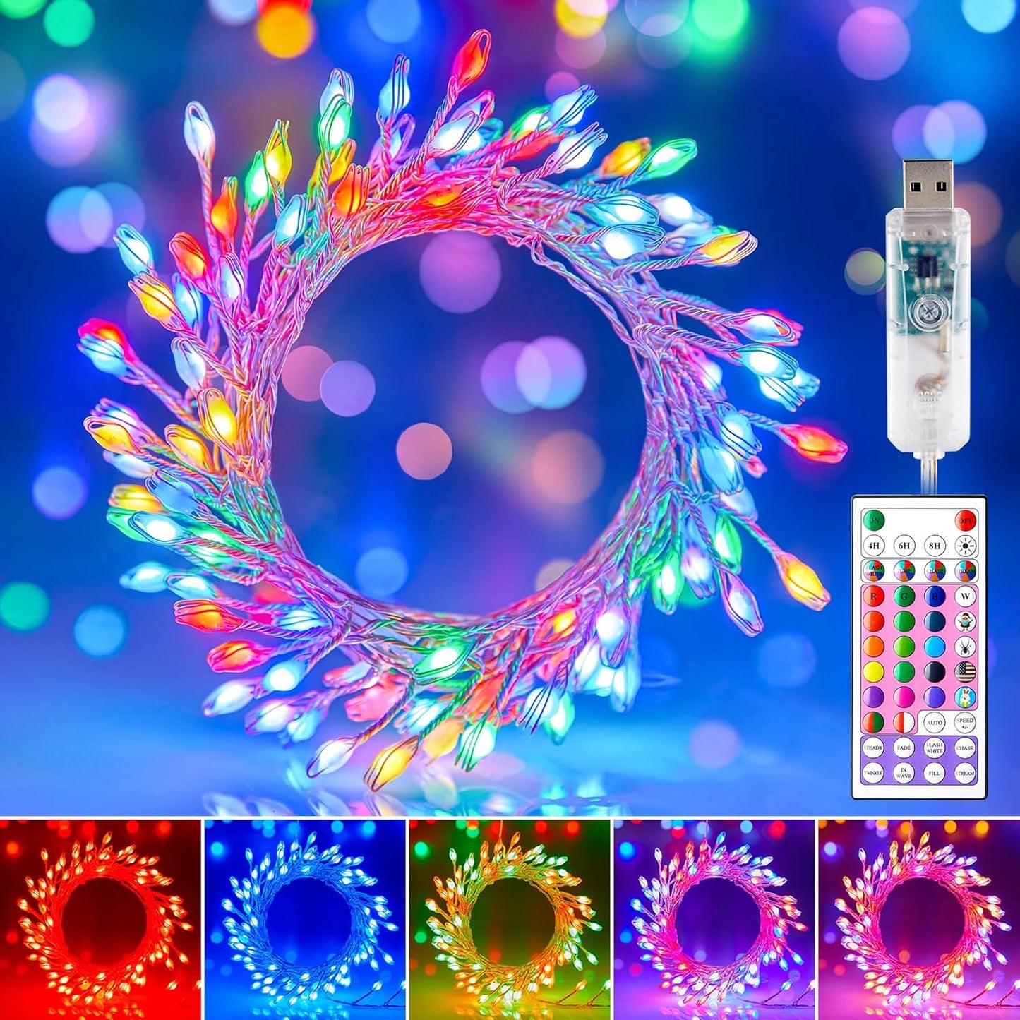 Moonflor Fairy Lights Color Changing - 22 Colors 20FT 200 LED Firecracker Fairy Lights with Remote, Cluster String Lights with 12 Lighting Modes, Halloween Fairy Lights for Bedroom Indoor Christmas