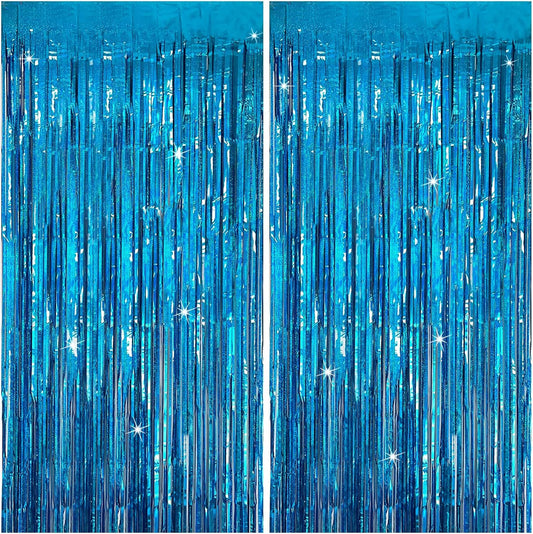 Tinsel Curtain Party Backdrop Blue Birthday Decorations 2 Packs Glitter Foil Fringe Curtain Party Decor Streamers Photo Booth for Birthday Christmas Wedding Halloween Graduation Decorations