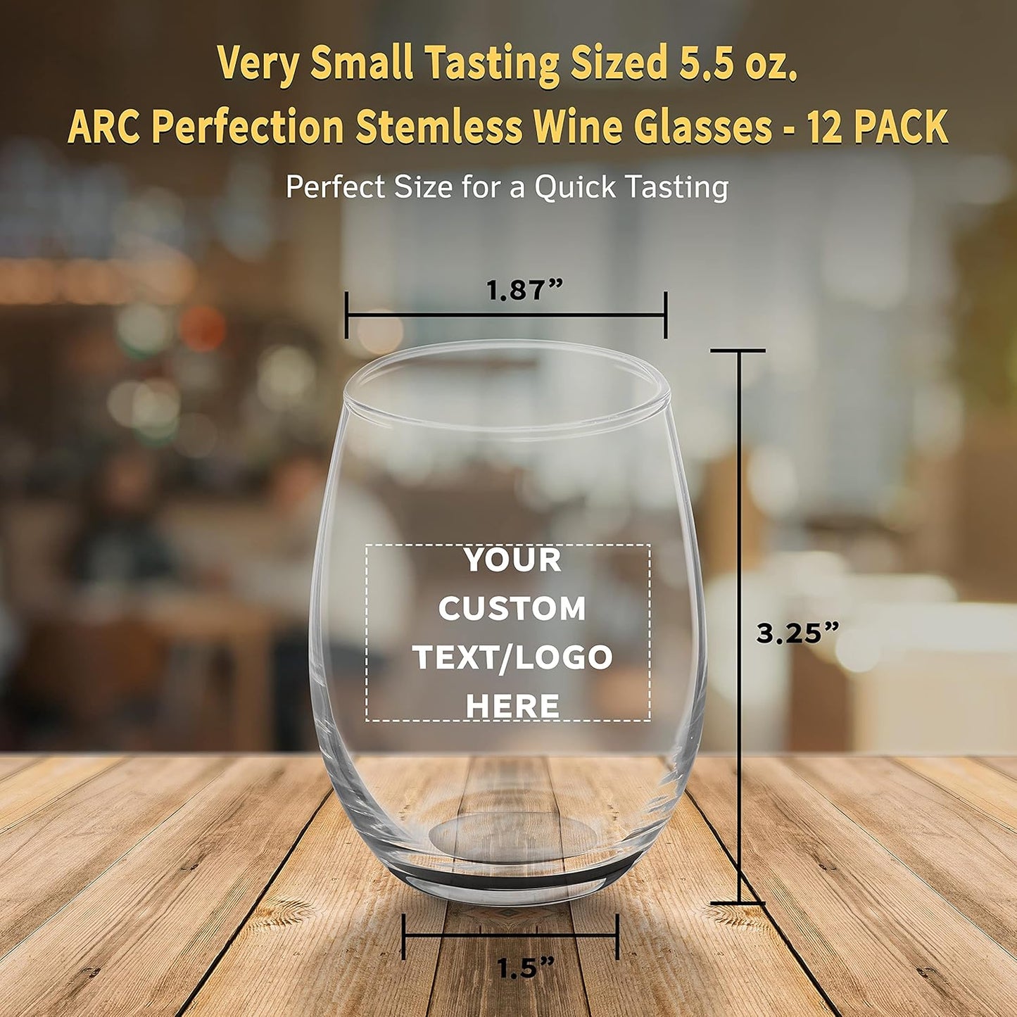 Custom Stemless Wine Glasses by ARC 5.5 oz. Set of 12, Personalized Bulk Pack - Perfect for Hotel, Bar, Restaurant or Lounge - Black
