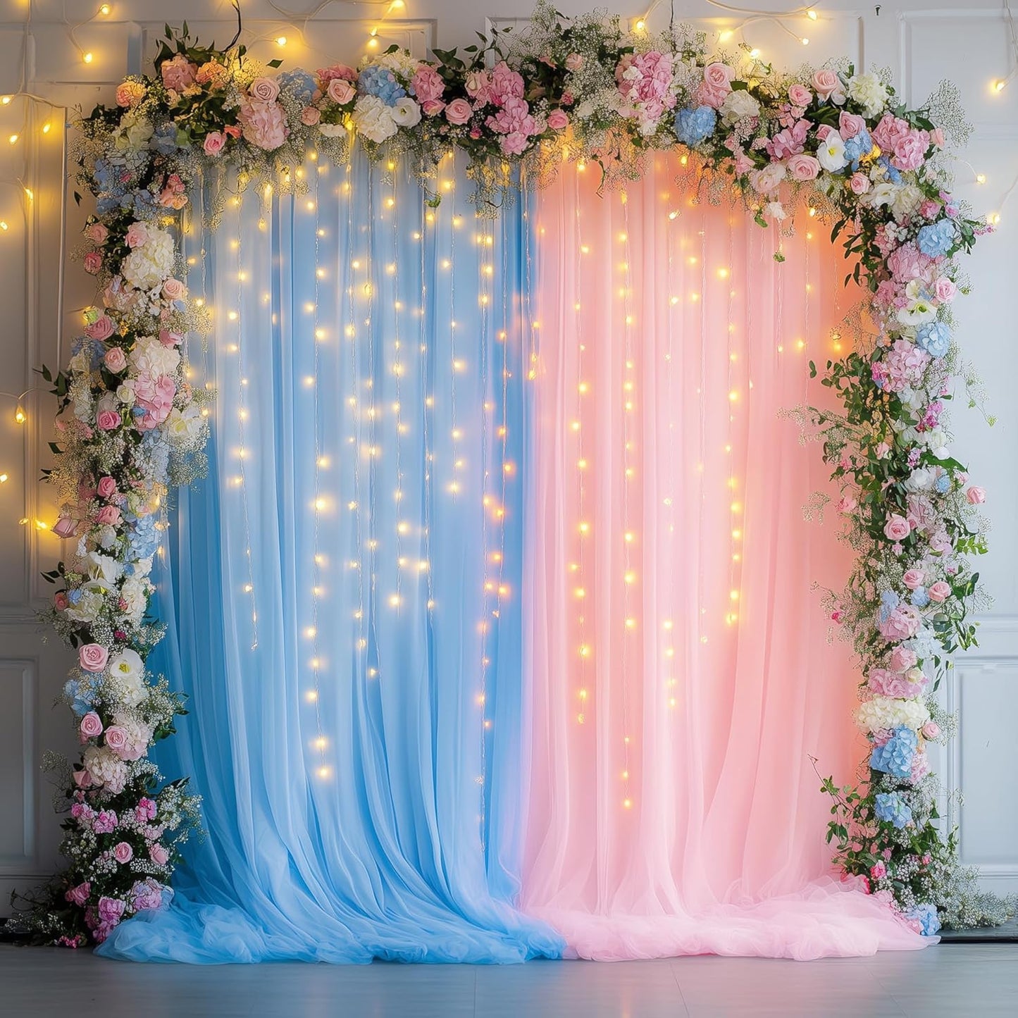Tulle Backdrop Curtain with Lights String 10FT X 10FT Pink and Blue Sheer Tulle Backdrop Curtains for Wedding Birthday Party Reception Photo Booth Background Decorations (2 Panels 5x10FT)