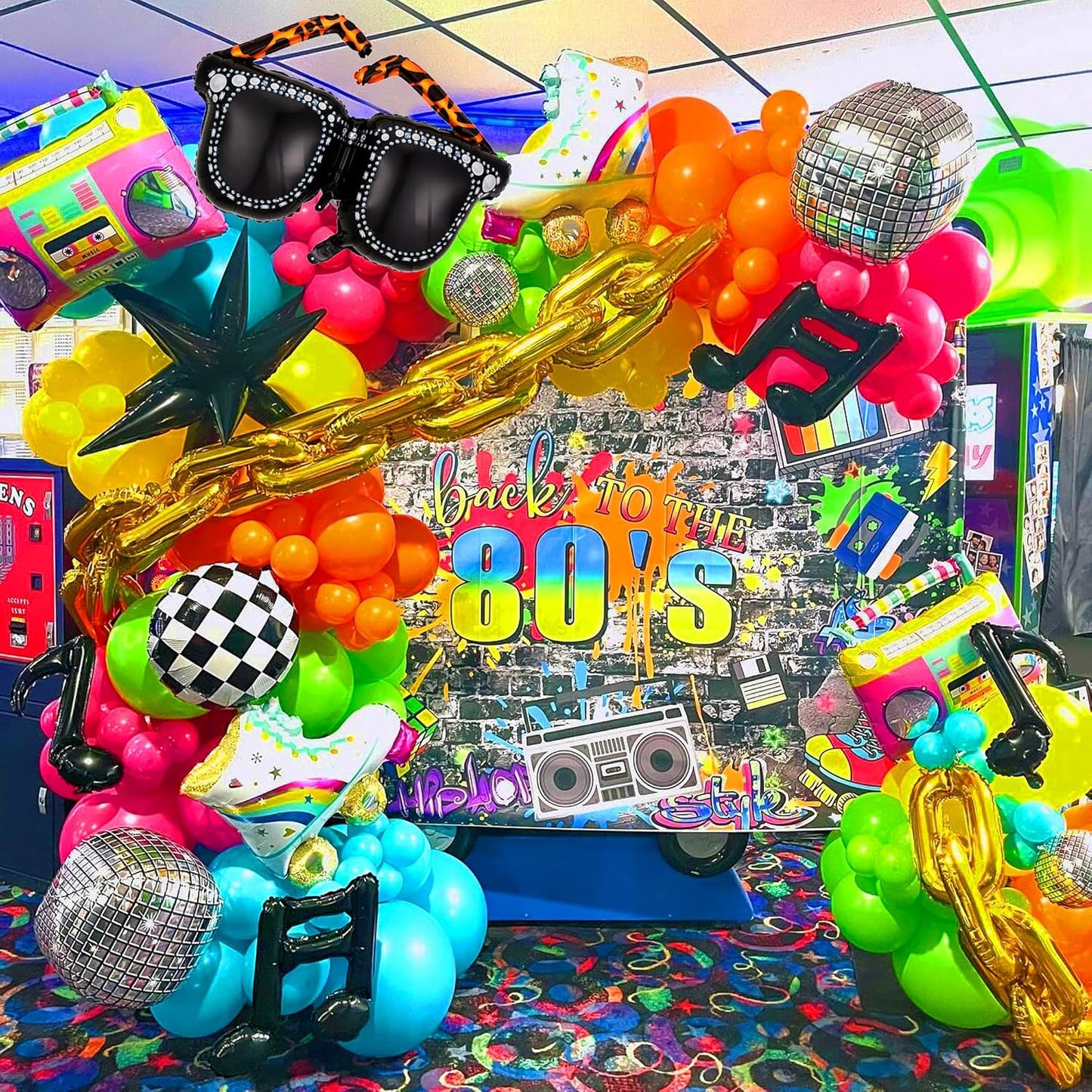 90s 80s Disco Theme Party Decorations, 171Pcs Balloon Arch Kit with Retro Disco Ball Radio Glasses Roller Skate Musical Note Chain Star Foil Balloons for Back to 90s 80s Hip Hop Birthday Supplies