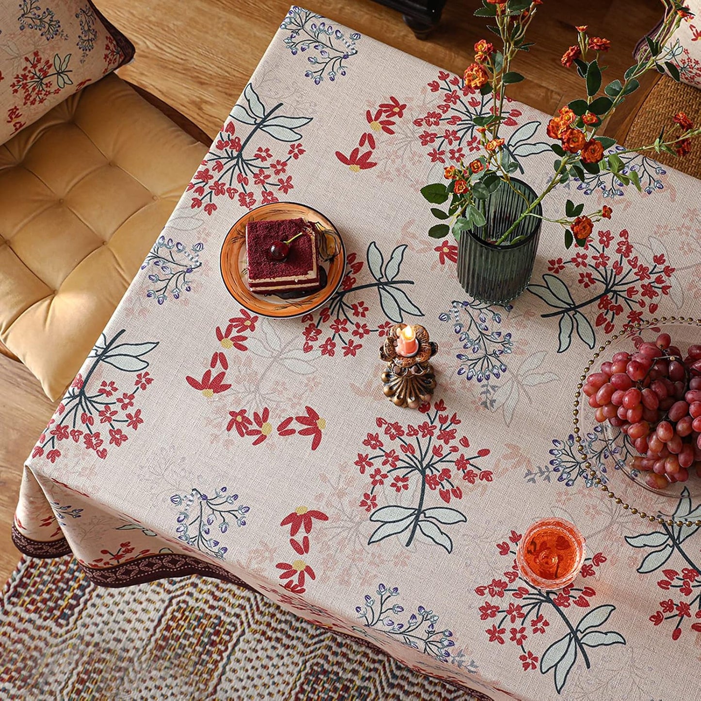 patdrea Designer French Linen Rectangular Table Cloth,Vintage Red Floral Fall Tablecloth,Breathable Dacorative Cover for Kitchen Dining,Tea Party,Christmas,Thanksgiving,Holiday,55"x87"-Newmari