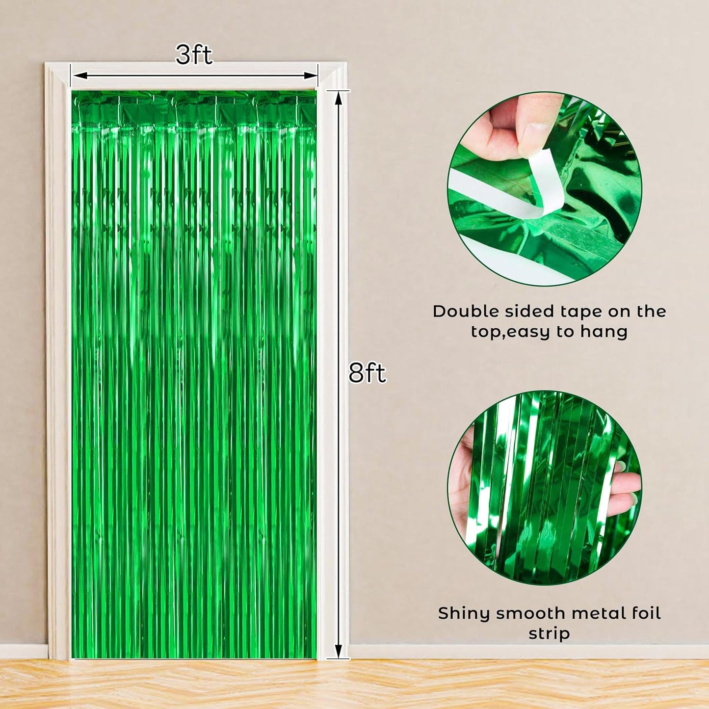 BTSD-home Green Foil Fringe Curtain, Metallic Photo Booth Backdrop Tinsel Door Curtains for St Patricks Day Birthday Bridal Baby Shower Bachelorette Christmas Party Decorations(4 Pack, 8ft x 3ft)