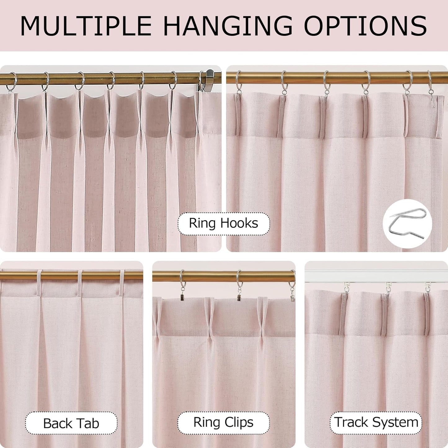 Vision Home Soft Pink Pinch Pleated Semi Sheer Curtains Textured Linen Blended Light Filtering Window Curtains 108 inch for Living Room Bedroom Pinch Pleat Drapes with Hooks 2 Panels 9ft 40" Wx108 L