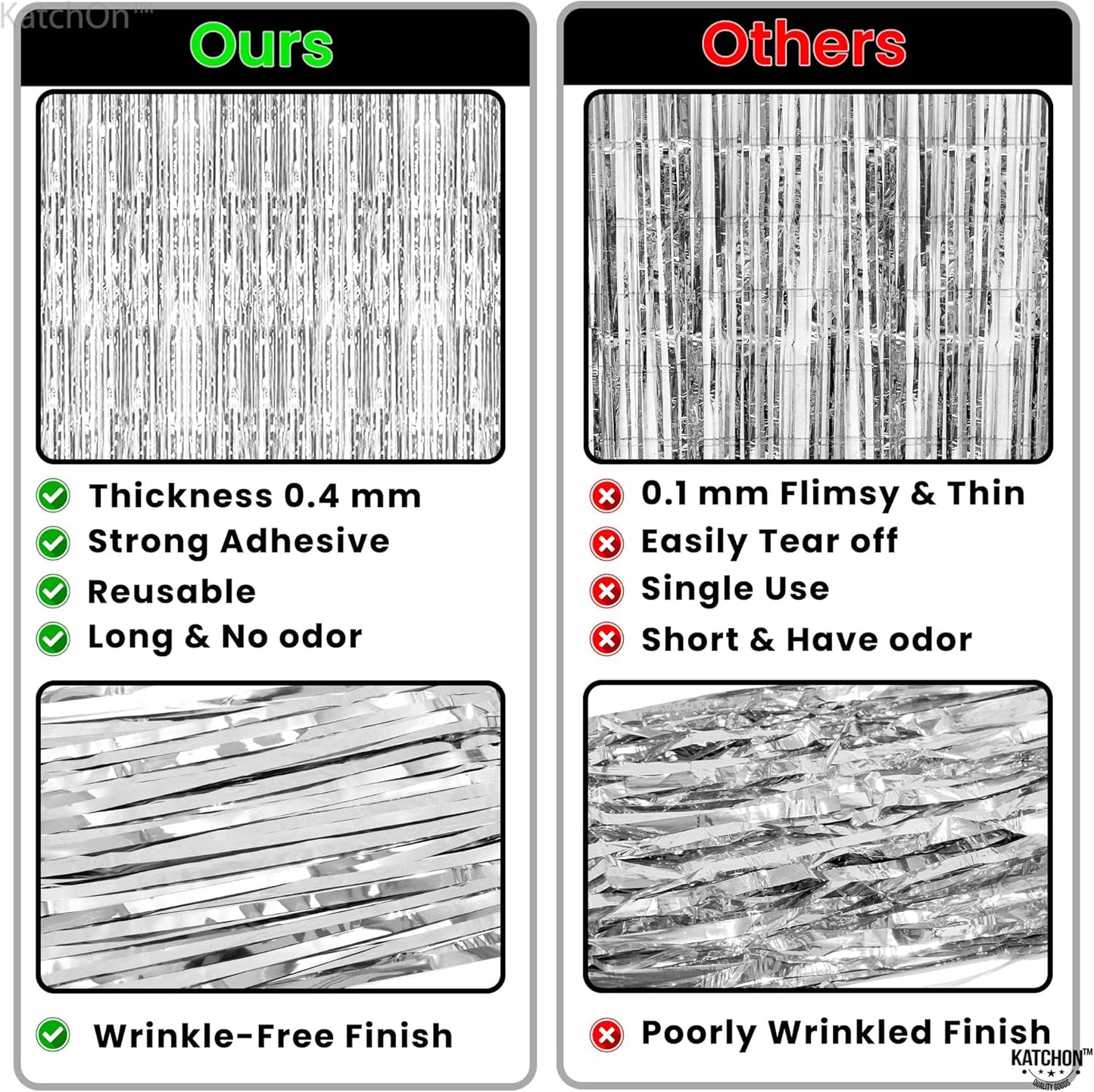 KatchOn, Metallic Silver Backdrop - Pack of 2 | Silver Streamers for Disco Party Decorations | Fringe Backdrop for Wedding, Anniversary, Birthday, New Year, Christmas, Bachelorette Party Decorations