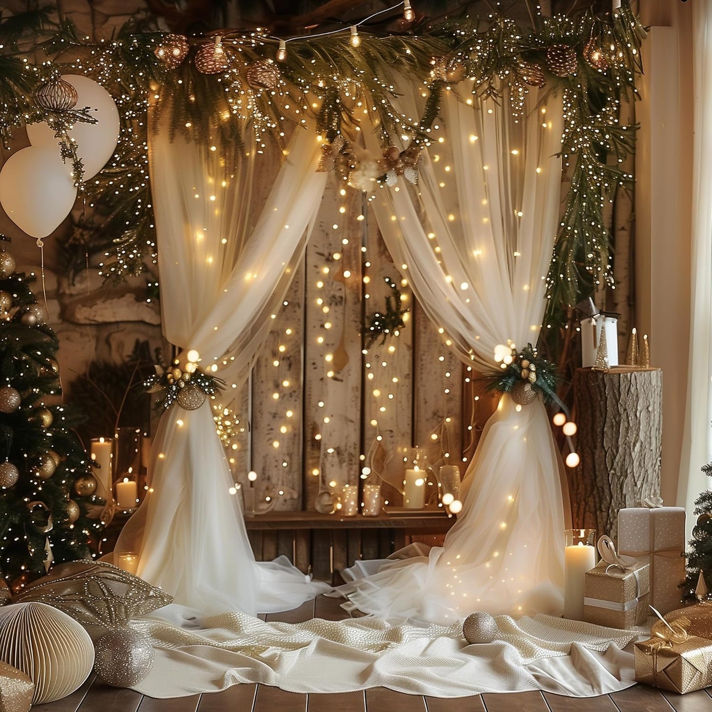 Fomcet Tulle Curtains with Lights String Champagne 20FT X 8FT Sheer Backdrop Curtains for Parties Wedding Baby Shower Photo Shoot Decorations (4 Panels 5 x 8FT)