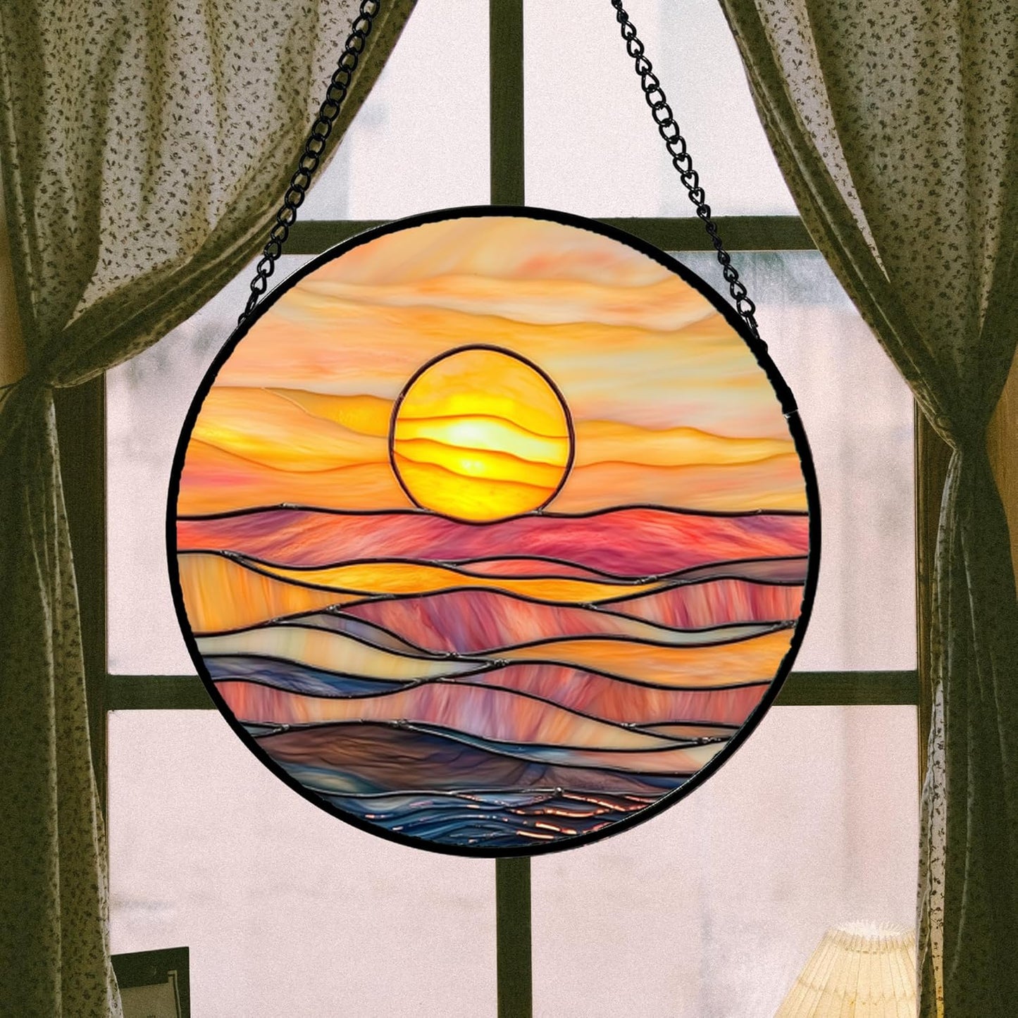 Stained Glass Window Hanging, Orange Sunrise Suncatcher Diamond Glass Panel Hangings Scenery Sun Catchers Decor for Birthday for Women, Men, Wife, Aunt, and Mom 6.3x6.3 in