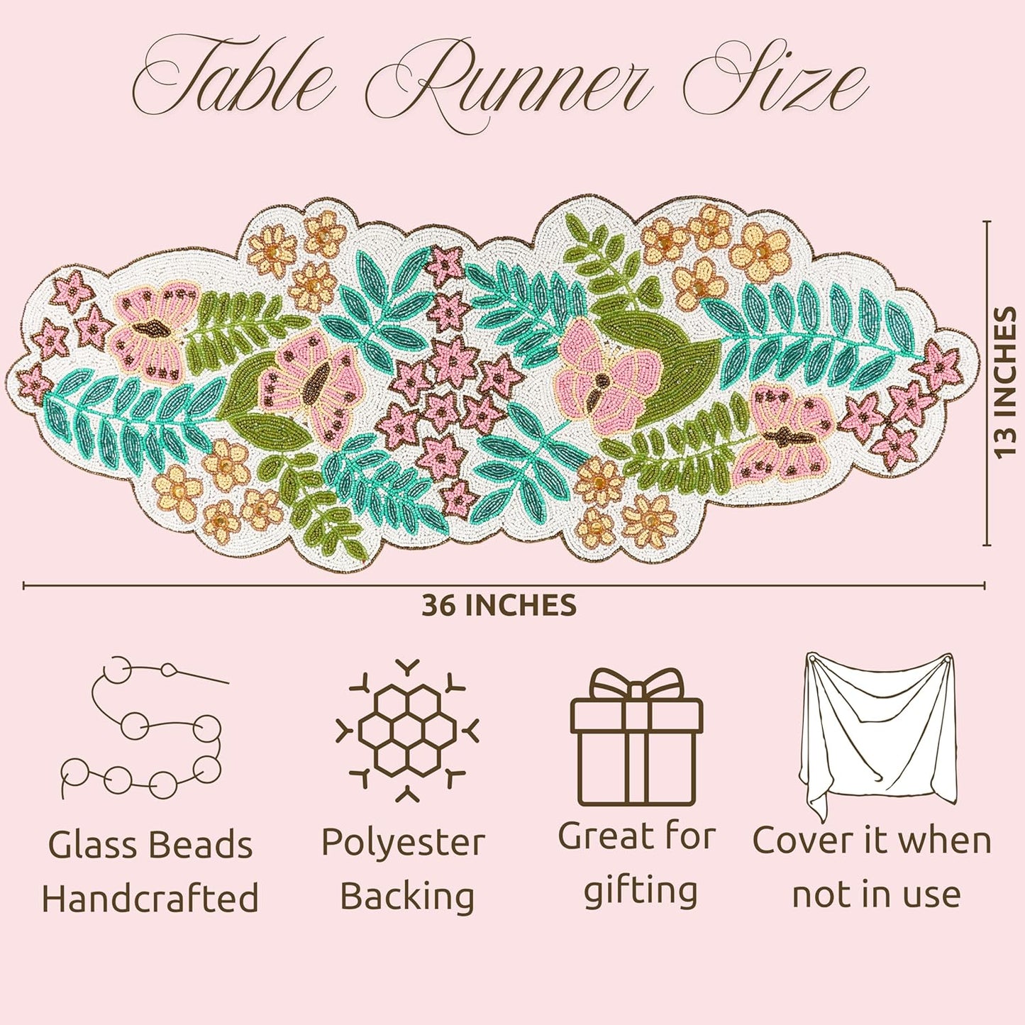 Handmade Beaded Table Runner -35 Inch Spring Floral Runner with Butterflies, Pink Flowers, and Green Leaves -Pastel Table Decor for Easter, Dining Room, Entryway, or Garden Party (Multi) - CLEENTABLE