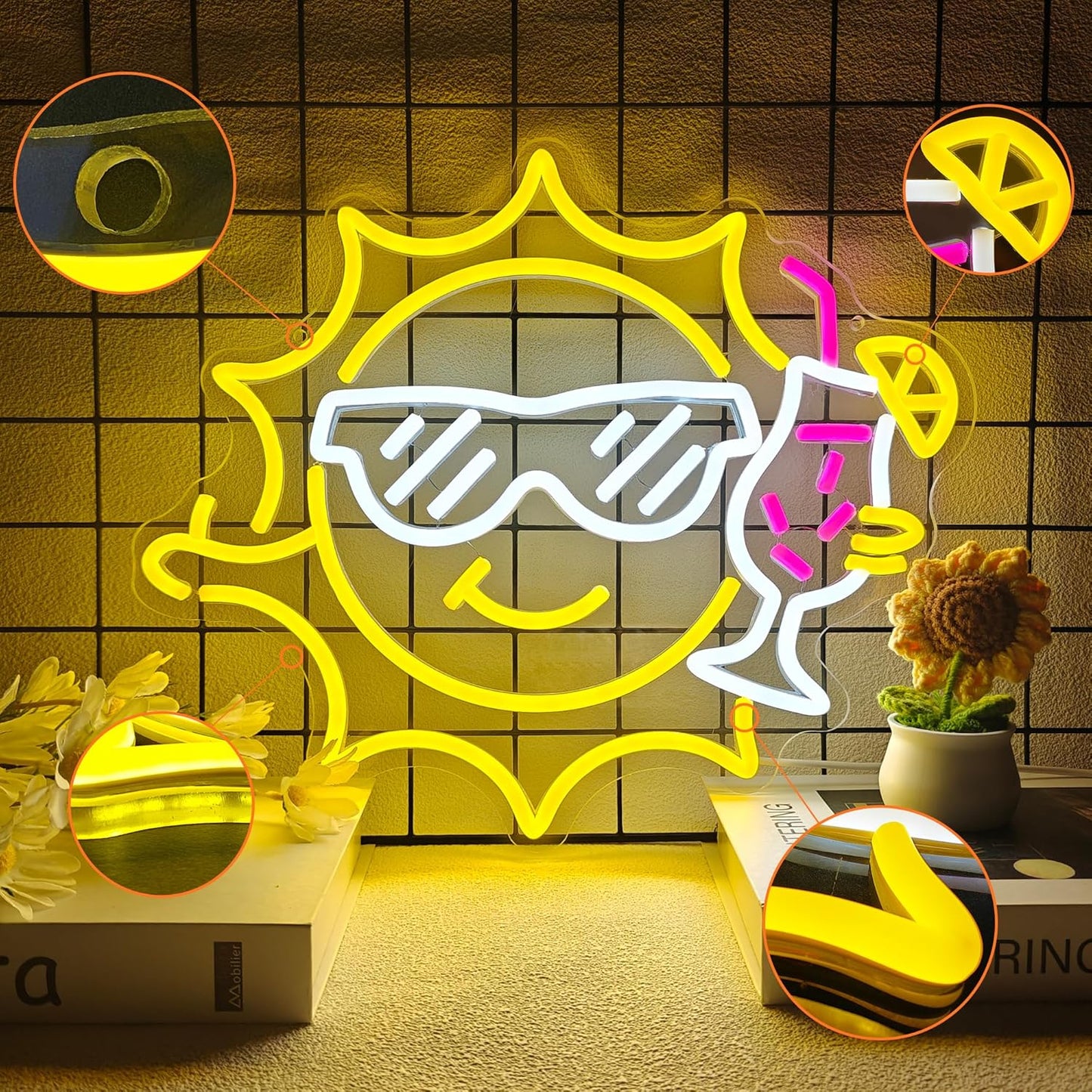 Bar Neon Sign for Wall Decor, Funny Neon Sign for Beach Bar Pub Sandbeach Beverage Shop, Sun Sunglasses Drinks Led Sign with Dimmer, Summer Decoration USB Powered with Switch