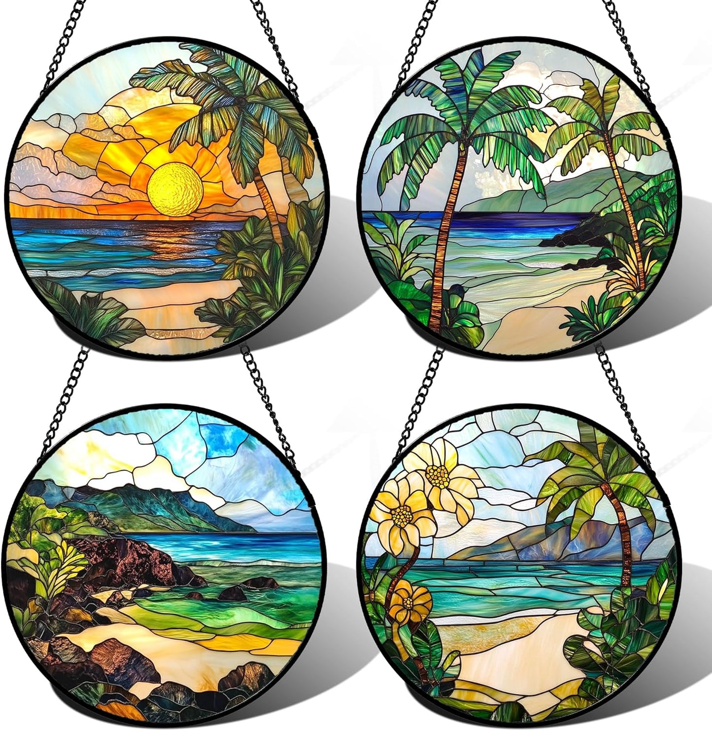 Stained Glass Window Hanging 4 Pcs Set Blue Ocean Coconut Tree Scenery Large 15" - Suncatcher Door Garden Sun Catcher Decor Birthday Christmas for Mom Woman Nana Men