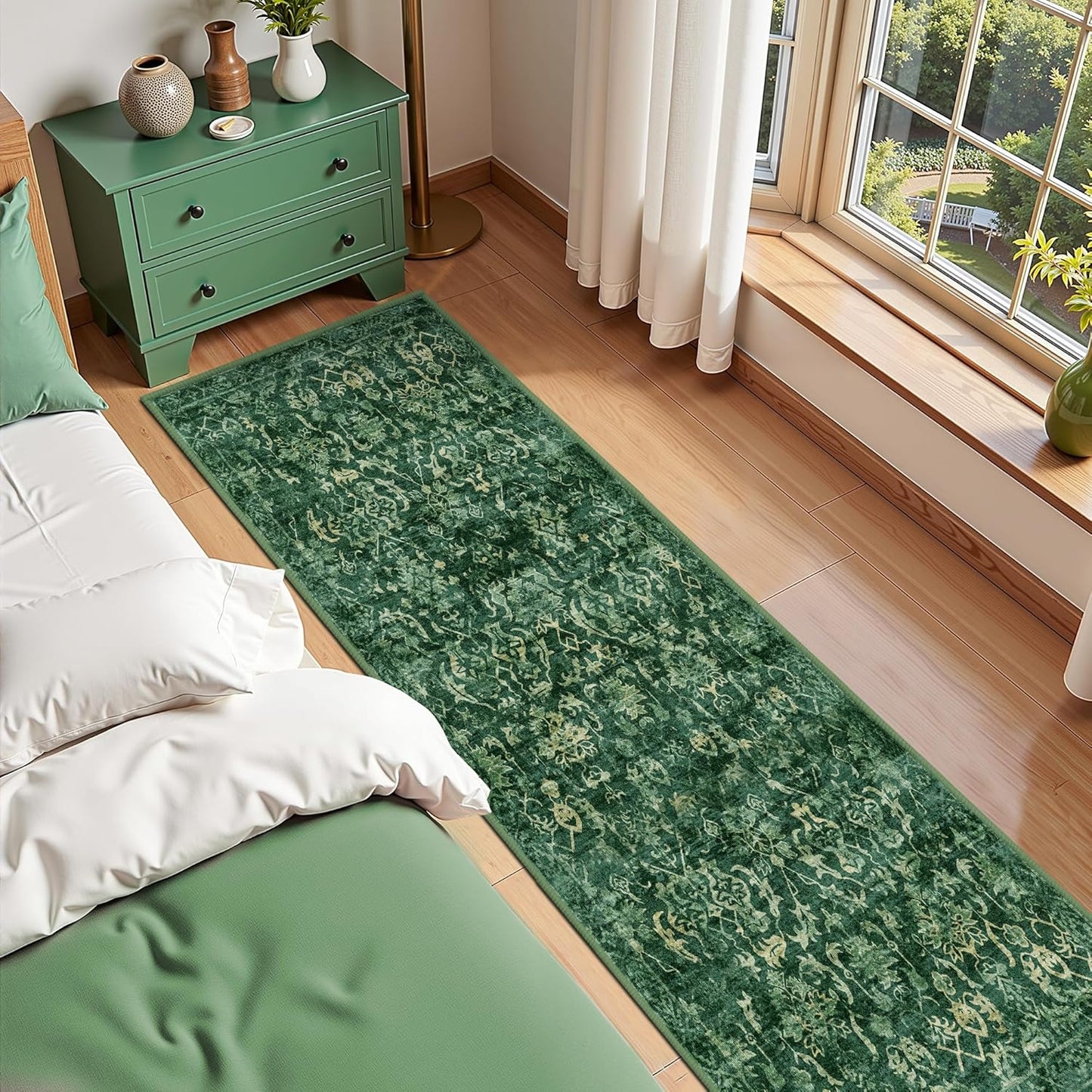 Dark Green 3x10 Runner Rug for Hallways Bed Side Kitchen, Boho Washable Distressed Low-Pile Floor Entryway Long Bathroom Mat, Non-Slip Laundry Room Washstand Front Carpet Green 36x84 Inch