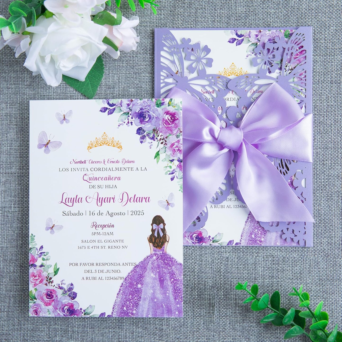 20 PCS 5.12x7.2 Butterfly Personalized Quinceanera Invitation, Customized XV Anos Laser Cut Invitation Cards with Envelopes (Violet Personalized)