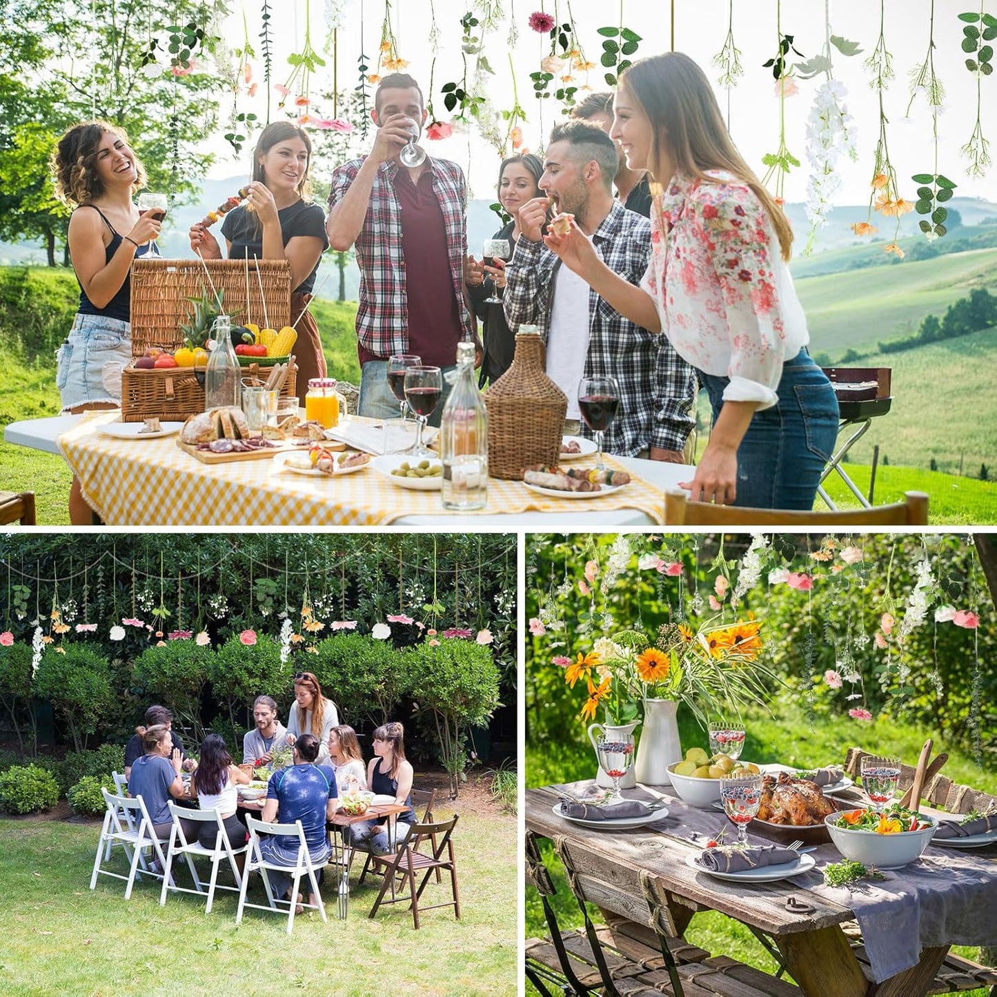 Hoteam 51 Pcs DIY Flower Garland Artificial Hanging Wildflower Backdrop Set Fake Rose Eucalyptus Daisy Poppy Wild Flower Decor for Wedding Party Birthday Home Garden (White,Champagne,Pink)