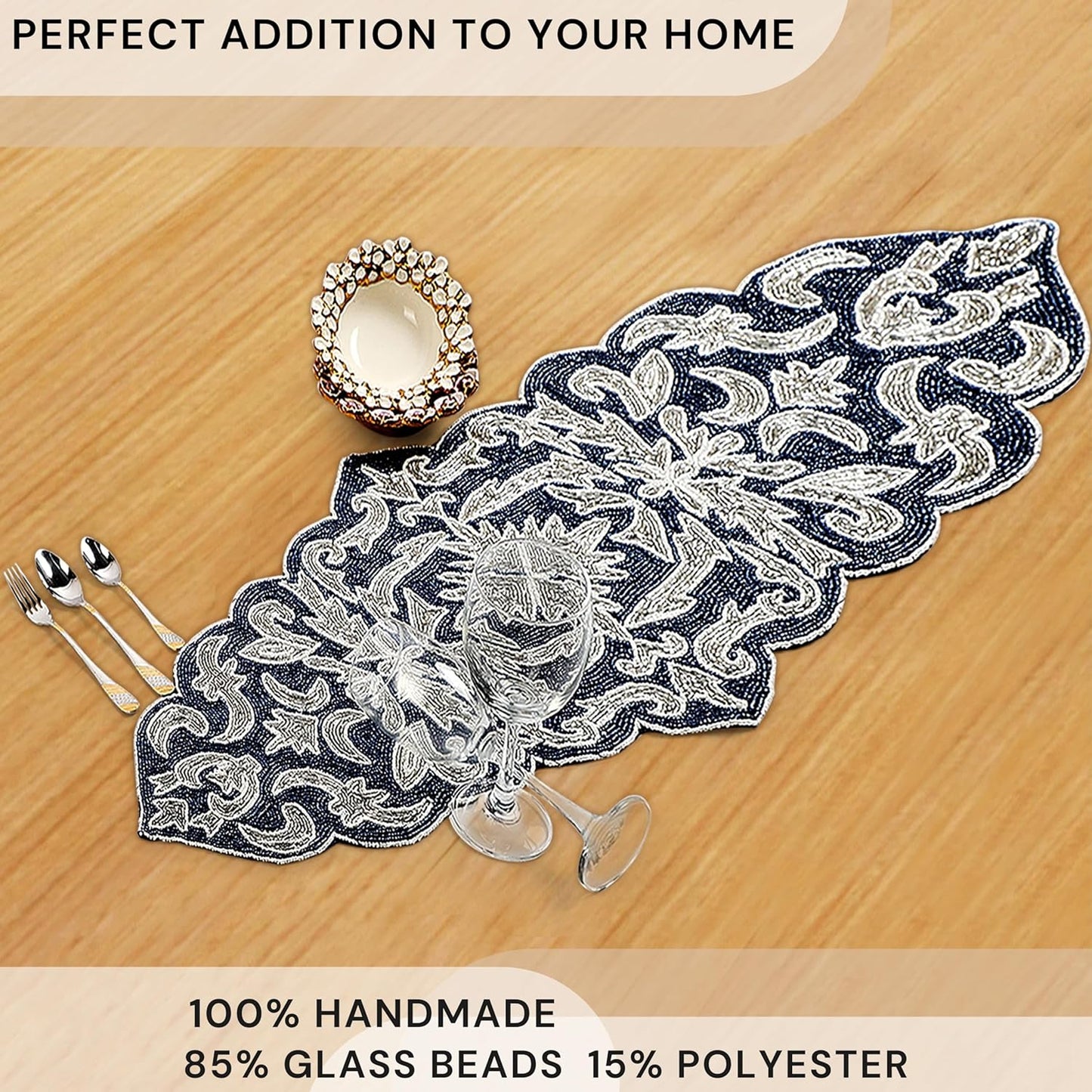 Decorative Beaded Table Runner - 36" Glass Beads & Polyester Table Runner Ideal for Dining, Décor, Luxury Table Centerpiece for Weddings, Holidays & Modern Home Accents (Blue Silver) - CLEENTABLE