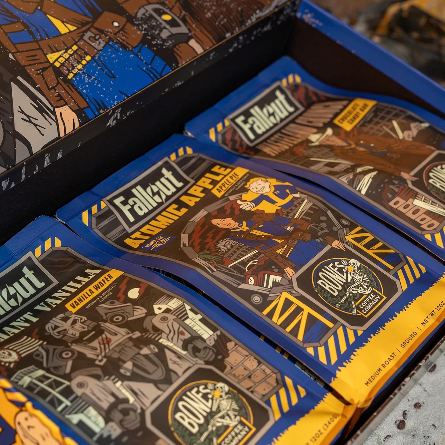 Bones Coffee Company Fallout Collector's Box Flavored Coffee, Low Acid Medium Roast Arabica Beans Coffee Gifts, Fallout Series Inspired, For Auto Drip and French Press,12 oz Pack of 3 Ground