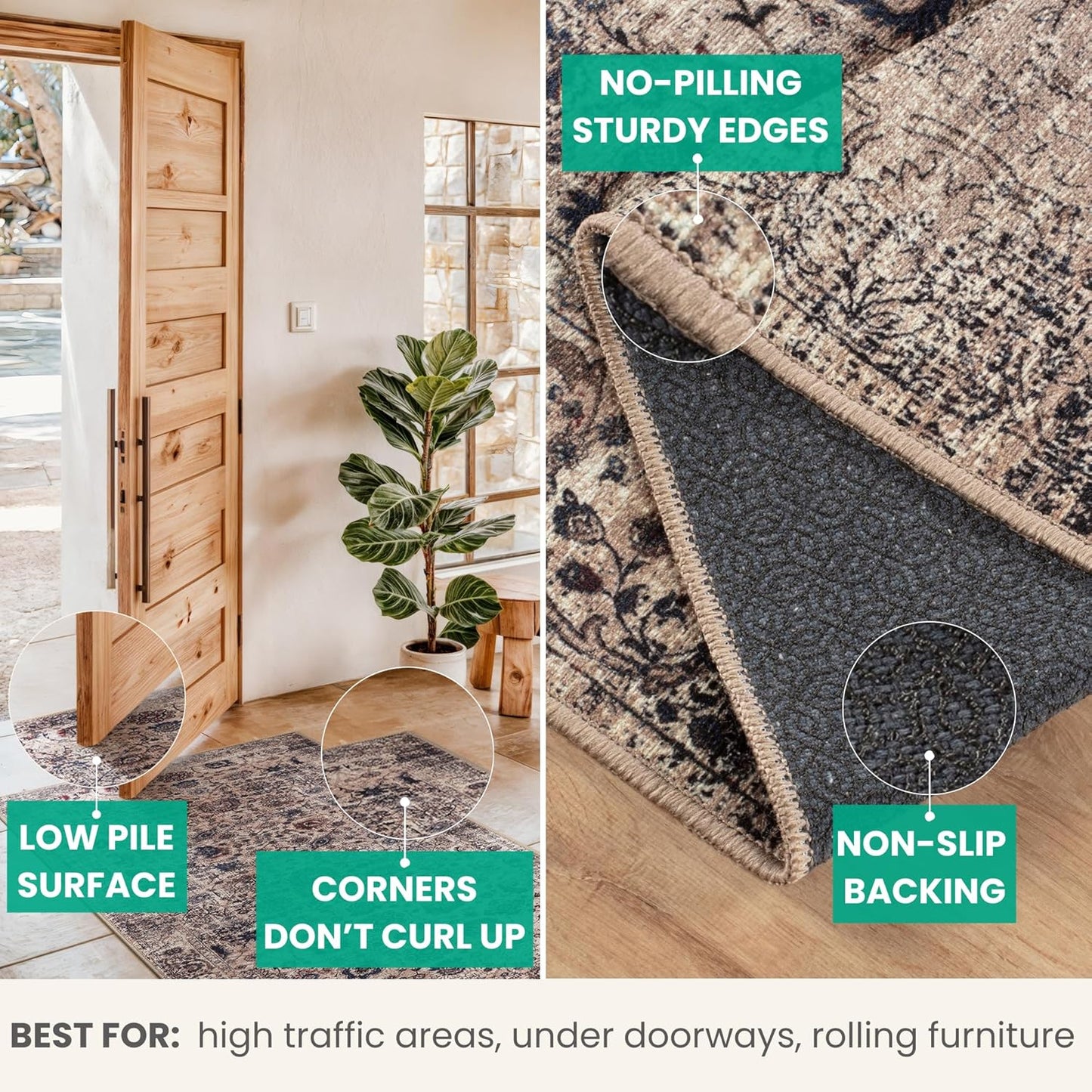 Bloom Rugs Washable Non-Slip 8' x 10' Rug - Light Tan/Blue Traditional Oriental Area Rug for Living Room, Bedroom, Dining Room, and Kitchen - Exact Size: 8' x 10'