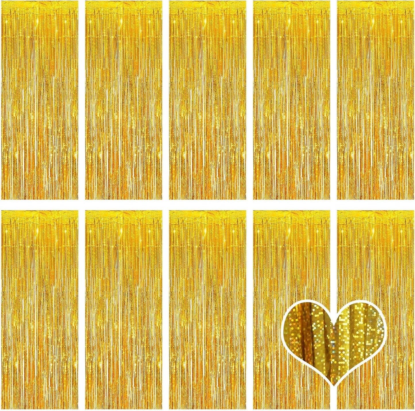 10 Pack Gold Backdrop Curtain 3.2ft x 8.2ft Metallic Tinsel Foil Fringe Curtains Photo Booth Background for Birthday Party Decoration Baby Shower Engagement Wedding Christmas Decoration (Gold)