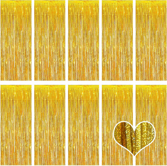 10 Pack Gold Backdrop Curtain 3.2ft x 8.2ft Metallic Tinsel Foil Fringe Curtains Photo Booth Background for Birthday Party Decoration Baby Shower Engagement Wedding Christmas Decoration (Gold)