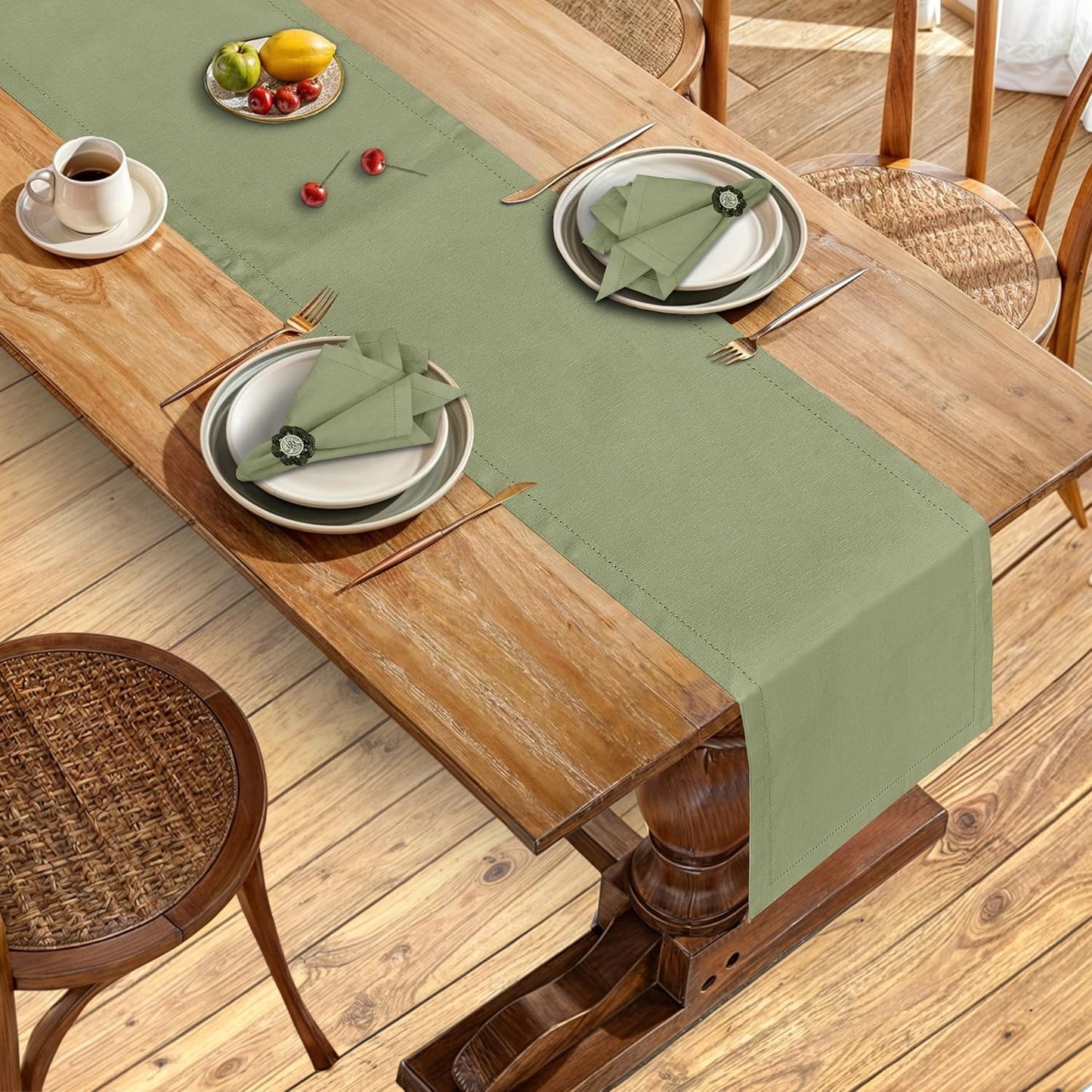 Ruvanti Linen Table Runner 108 Inches, Classic Hemstitch, Washable, Reusable, Non-Slipping, Stain Resistant- Perfect for Parties, Weddings, Dinners, Thanksgiving, Christmas, Indoor use – Olive