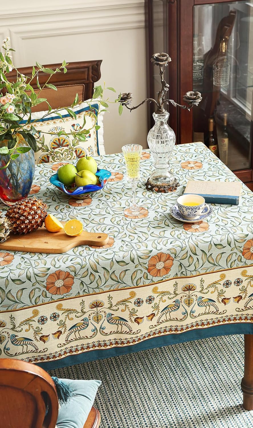 patdrea Designer French Linen Blue Tablecloth for Rectangle Table,Vintage Floral Table Cloth,Colorful Decoration Fall Cover Kitchen Dining for Thanksgiving,Tea Party,Christmas,63"x87"-Wensel