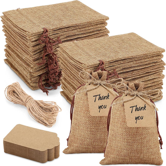 Woanger 100 Pcs Burlap Gift Bags with 100 Pcs Kraft Paper Gift Tags with Drawstring Favor Bulk Burlap Sack Bags for DIY Wedding Party Craft(3 x 4 Inch,Dark Brown)