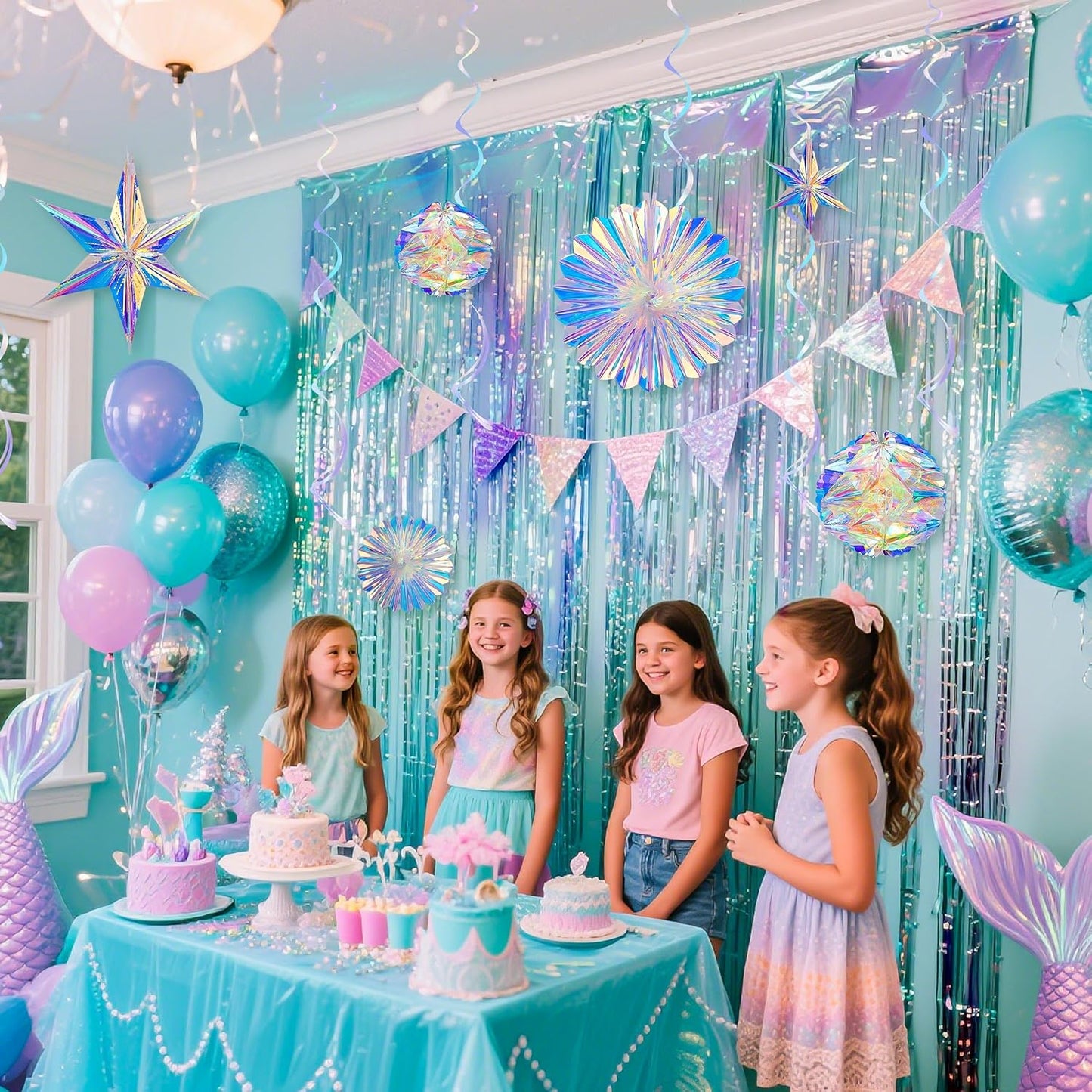 BTSD-home Iridescent Party Decorations with Hanging Honeycomb Ball Decorative Paper Fan Snowflake Garlands Ribbons Disco Party Wedding Birthday Graduation Christmas Celebration Decor Supplies