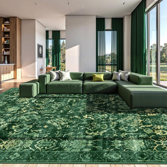 Dark Green Extra Large Area Rug 10x14 for Living Room, Distressed Washable Rug for Dining Room Bedroom, Anti-Slip Low-Pile and Soft Accent Rug Farmhouse Office Home Decor Light Green