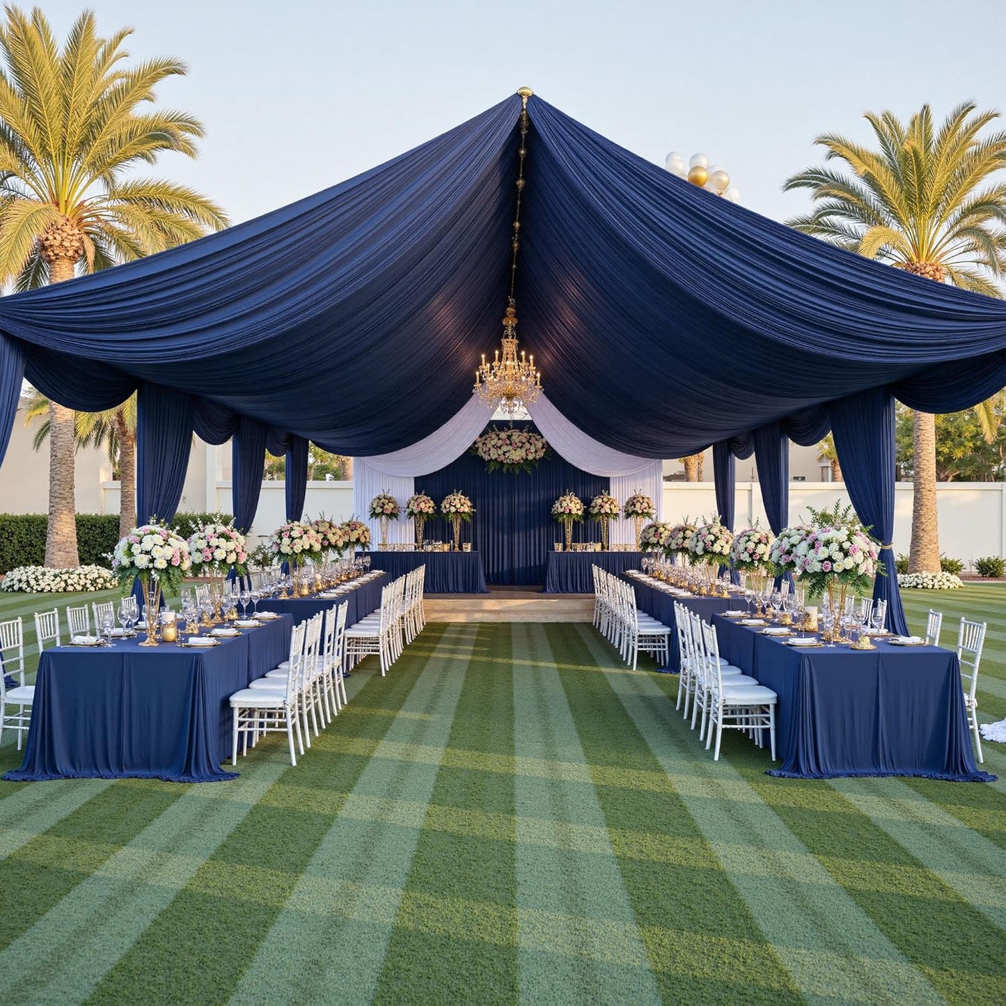 PartyVillage 50ftx40ft Navy Blue Ceiling Curtain for Wedding Parties – 10 Panels Wrinkle-Free 40 FT Long Tent Draping Curtains for Wedding, Birthday & Theme Parties, 40ft Height with Rod Pocket